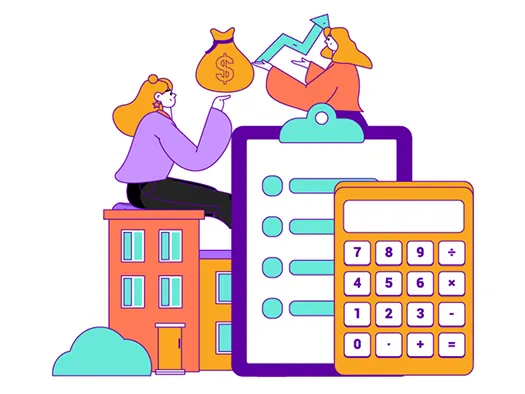 A drawing of two people with buildings, a money bag, a clipboard, and a calculator.