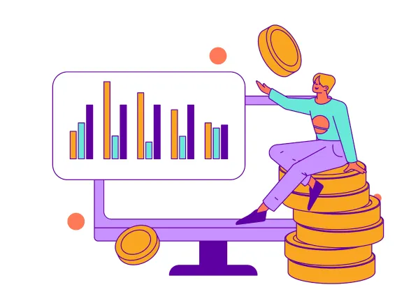 A drawing of two people with buildings, a money bag, a clipboard, and a calculator.