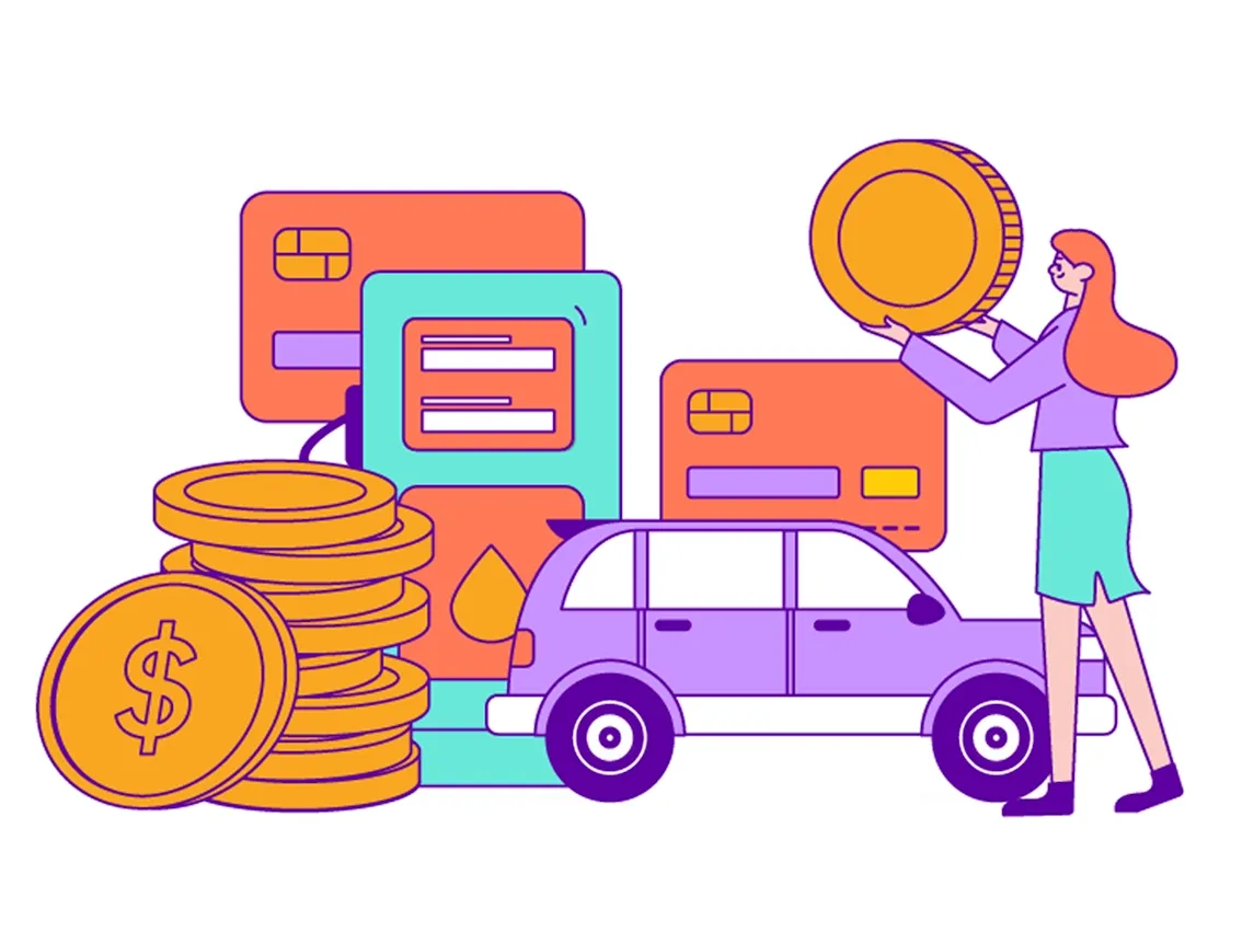 A drawing of a person holding a large coin in front of a car with coins, bank cards, and a gas pump behind the car