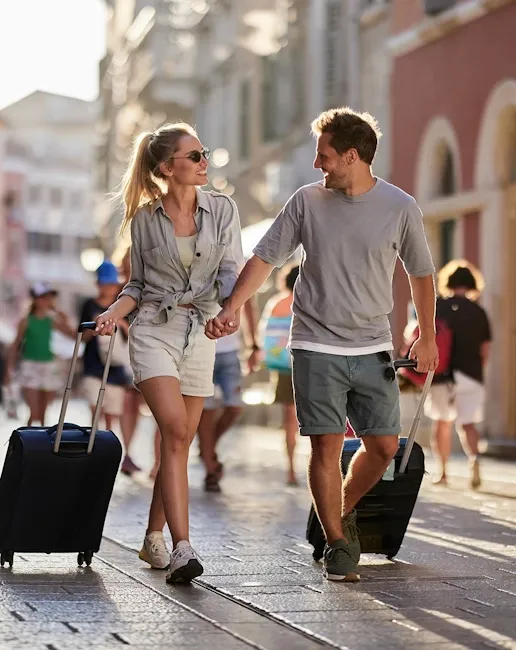 A couple holding hands while walking down a flagstone street pulling rolling luggage behind them, other people and buildings are in the background