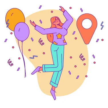 Drawing of a person celebrating with balloons and confetti