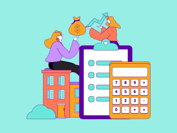 A drawing of two people with buildings, a money bag, a clipboard, and a calculator.