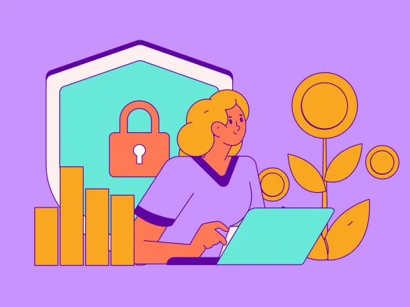 A drawing of a person working at a laptop with bar charts, a money plant, coins, and a lock shield around them