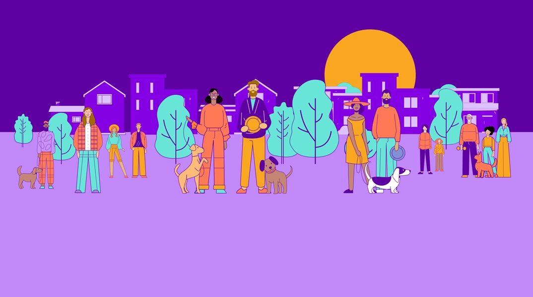 Illustration of humans and dogs standing in a park