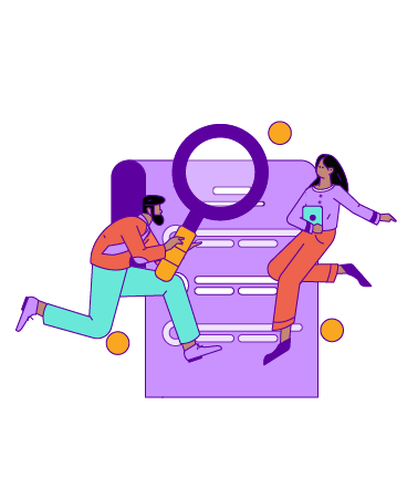 An Illustration of a person holding a giant maginifying glass in front of a giant piece of paper