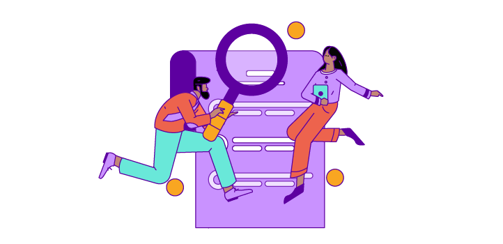An Illustration of a person holding a giant maginifying glass in front of a giant piece of paper