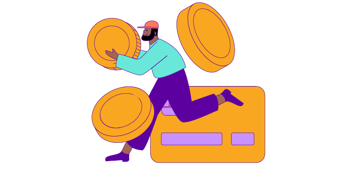 A drawing of a person with a giant credit card and giant coins.
