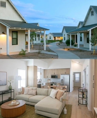 Top: An exterior view of several houses in the Griegos Farms neighborhood. Bottom: An interior view of the living room, kitchen, and front door of a Griegos Farms house.