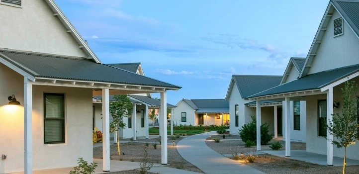 An exterior view of several houses in the Griegos Farms neighborhood