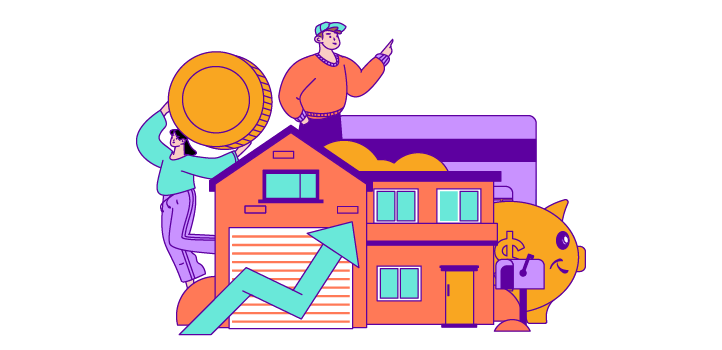 Simplified drawing of people, a house, and money