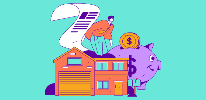 A drawing of a person with a house, a piggy bank, and a contract