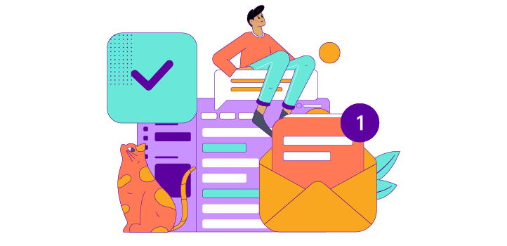 A drawing of a human and a cat in a stylized representation of an email inbox