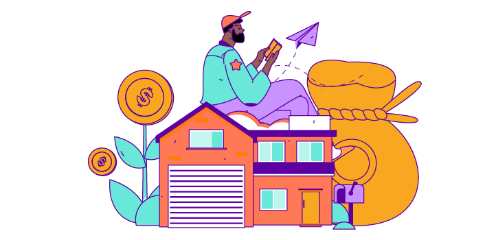 Drawing of a person with a house, a money bag, a paper airplane, and coins