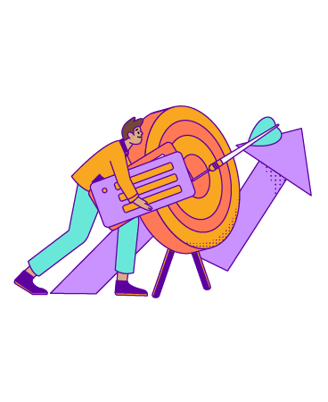 A person holding two large bank cards walks past a target with a dart and an upward arrow, symbolizing financial growth.