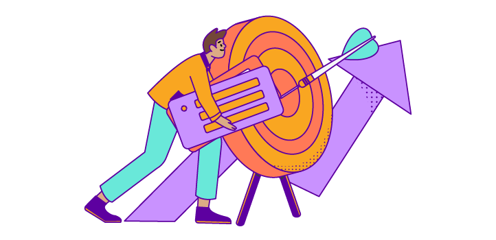 A person holding two large bank cards walks past a target with a dart and an upward arrow, symbolizing financial growth.