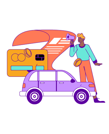 Drawing of a person holding a megaphone standing by a car, a bank card, and a contract
