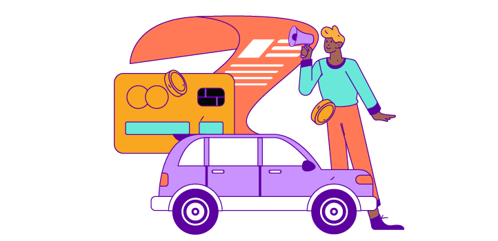 Drawing of a person holding a megaphone standing by a car, a bank card, and a contract