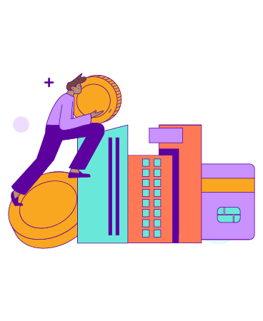 Simplified drawing of a human holding a coin climbing up a coin and buildings