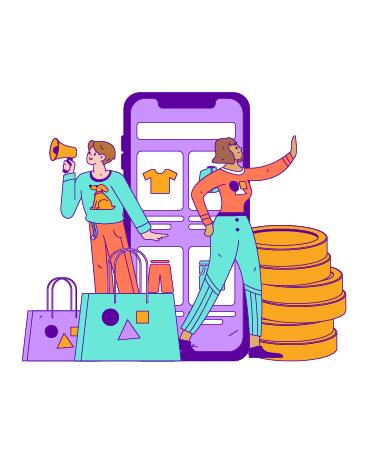 A drawing of two people, one speaking through a megaphone, standing with shopping bags, giant coints, and a giant phone with an online clothes shopping site on it