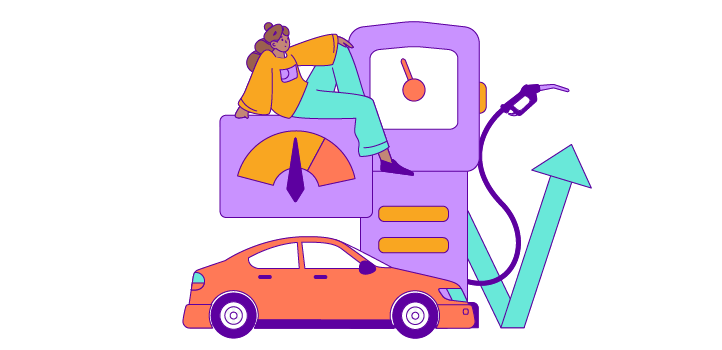 Drawing of a person with a car, a gauge, and a fuel pump