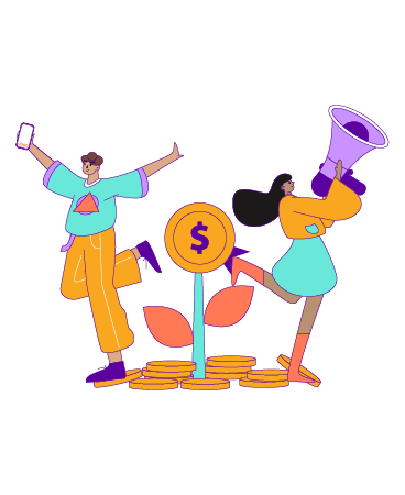A colorful illustration shows two joyful people celebrating growth, one holding a phone and the other a megaphone, dancing around a sprouting coin plant symbolizing financial success or marketing impact.