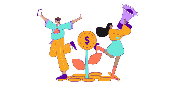A colorful illustration shows two joyful people celebrating growth, one holding a phone and the other a megaphone, dancing around a sprouting coin plant symbolizing financial success or marketing impact.