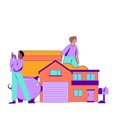 Drawing of two people with a house, a giant bank card, and a giant piggy bank