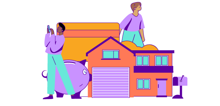Drawing of two people with a house, a giant bank card, and a giant piggy bank