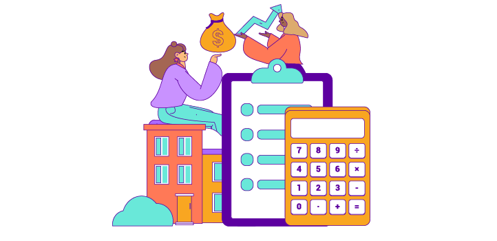 Drawing of two people. One of them is holding a money bag while sitting on a miniature building, the other is holding a rising chart arrow. A large clipboard and calculator are in the foreground.