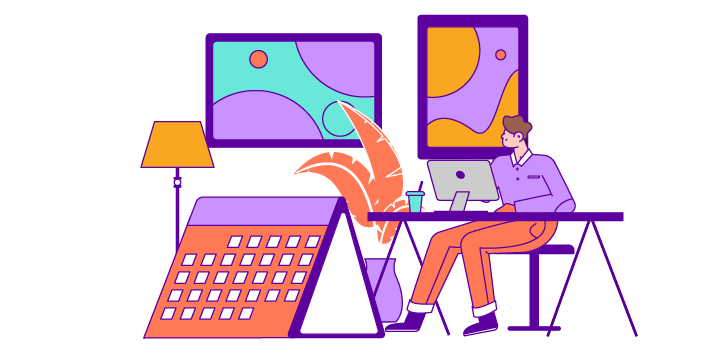 Person working at a desk with a computer, surrounded by a lamp, plant, calendar, and colorful abstract art in a modern office.