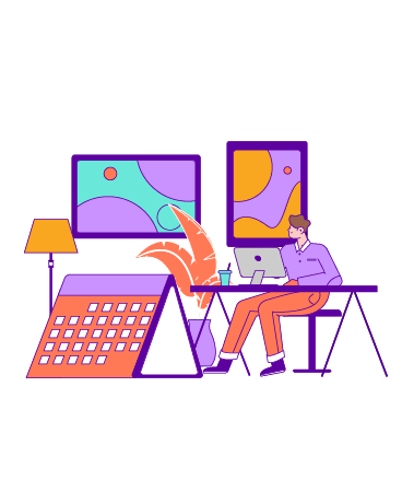 Illustration of a man at a desk with a giant calendar next to him.