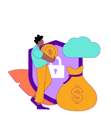 A drawing of a person taking a giant coin to a money bag with a cloud over it, there's a shield with a lock on it and a feather in the background