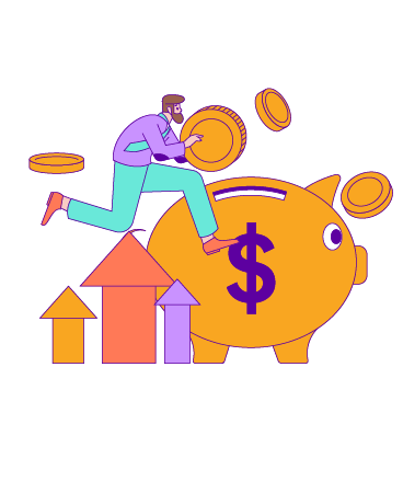 A drawing of a person putting a giant coin into a giant piggy bank