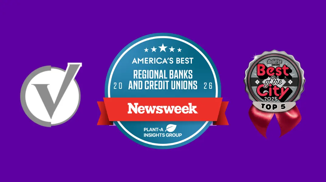 Three awards on a purple background: 1) CommunityVotes, 2) Newsweek Award for America's Best Regional Banks and Credit Unions 2026, 3) Albuquerque Magazine Best of the City 2025 Top 5