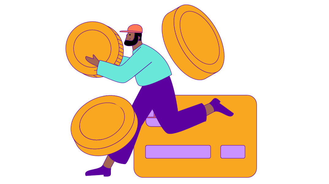 A drawing of a person with a giant credit card and giant coins.