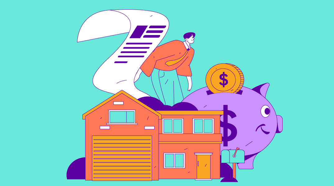 A drawing of a person with a house, a piggy bank, and a contract