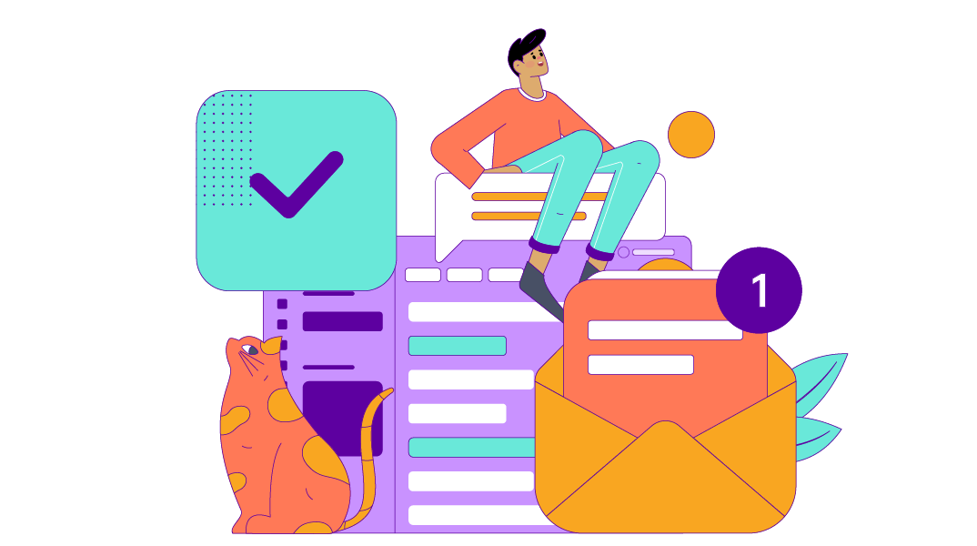 A drawing of a human and a cat in a stylized representation of an email inbox