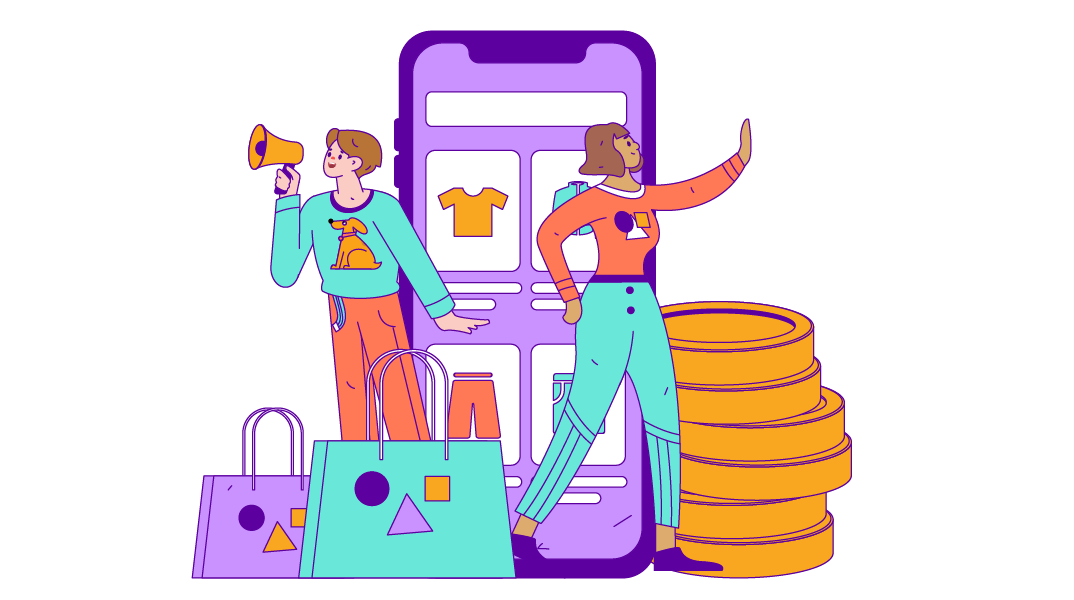A drawing of two people, one speaking through a megaphone, standing with shopping bags, giant coints, and a giant phone with an online clothes shopping site on it