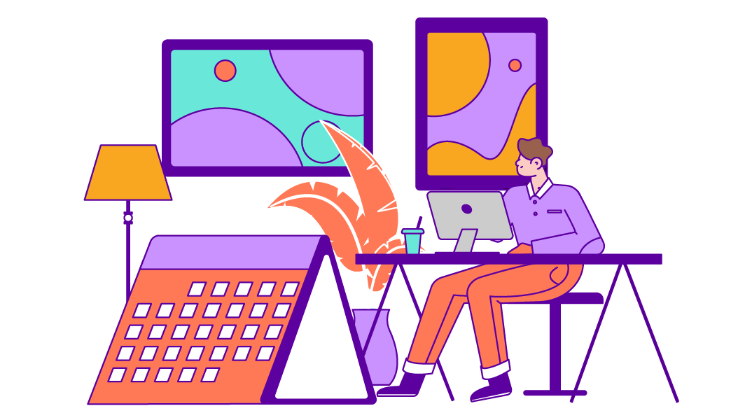 Person working at a desk with a computer, surrounded by a lamp, plant, calendar, and colorful abstract art in a modern office.