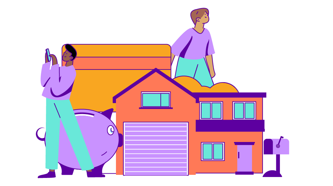 Drawing of two people with a house, a piggy bank, and a bank card