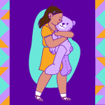 A drawing of a girl hugging a teddy bear
