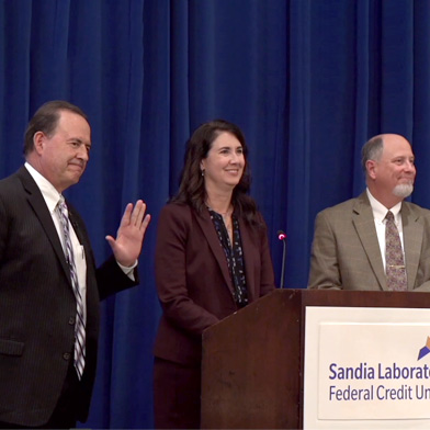 Sunward President and CEO Steph Sherrodd, Former CEO Robert Chavez, and Board Chair Chuck Maheras standing at podium during Virtual Annual Meeting