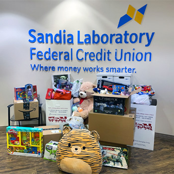 Photo of toy donation pile at the Juan Tabo branch