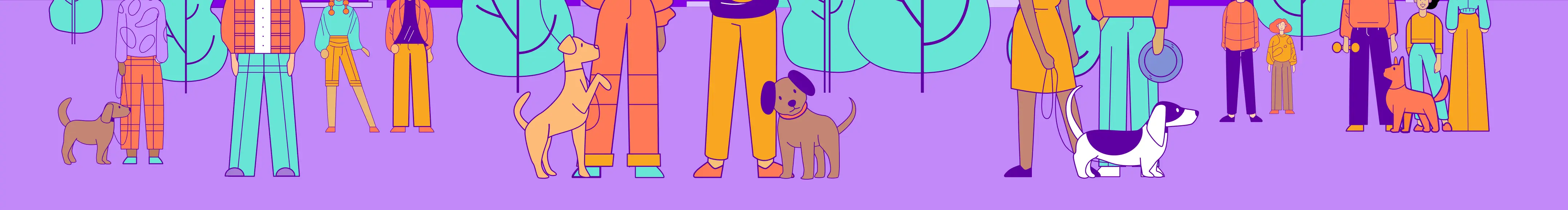 Illustration of humans and dogs standing in a park