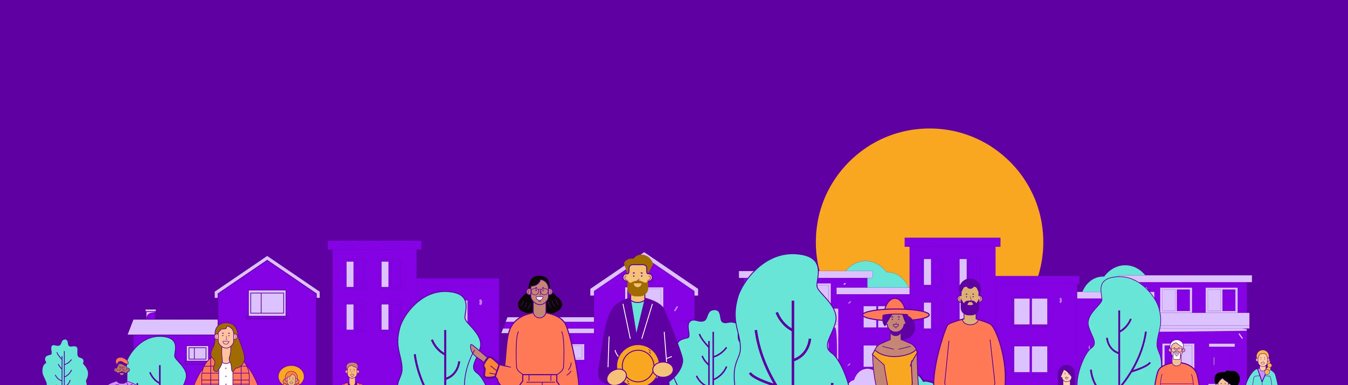 Illustration of humans and dogs standing in a park