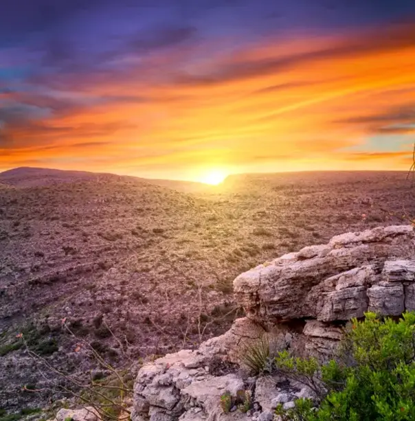 A desert landscape at twilight